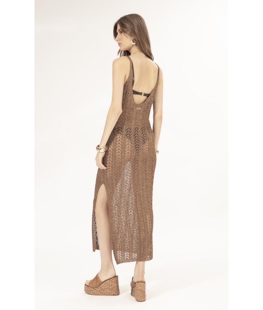 Vestido Longo Tricot Lurex Rendado Caramelo