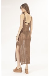 Vestido Longo Tricot Lurex Rendado Caramelo