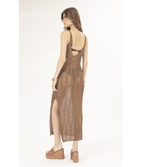 Vestido Longo Tricot Lurex Rendado Caramelo
