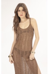 Vestido Longo Tricot Lurex Rendado Caramelo
