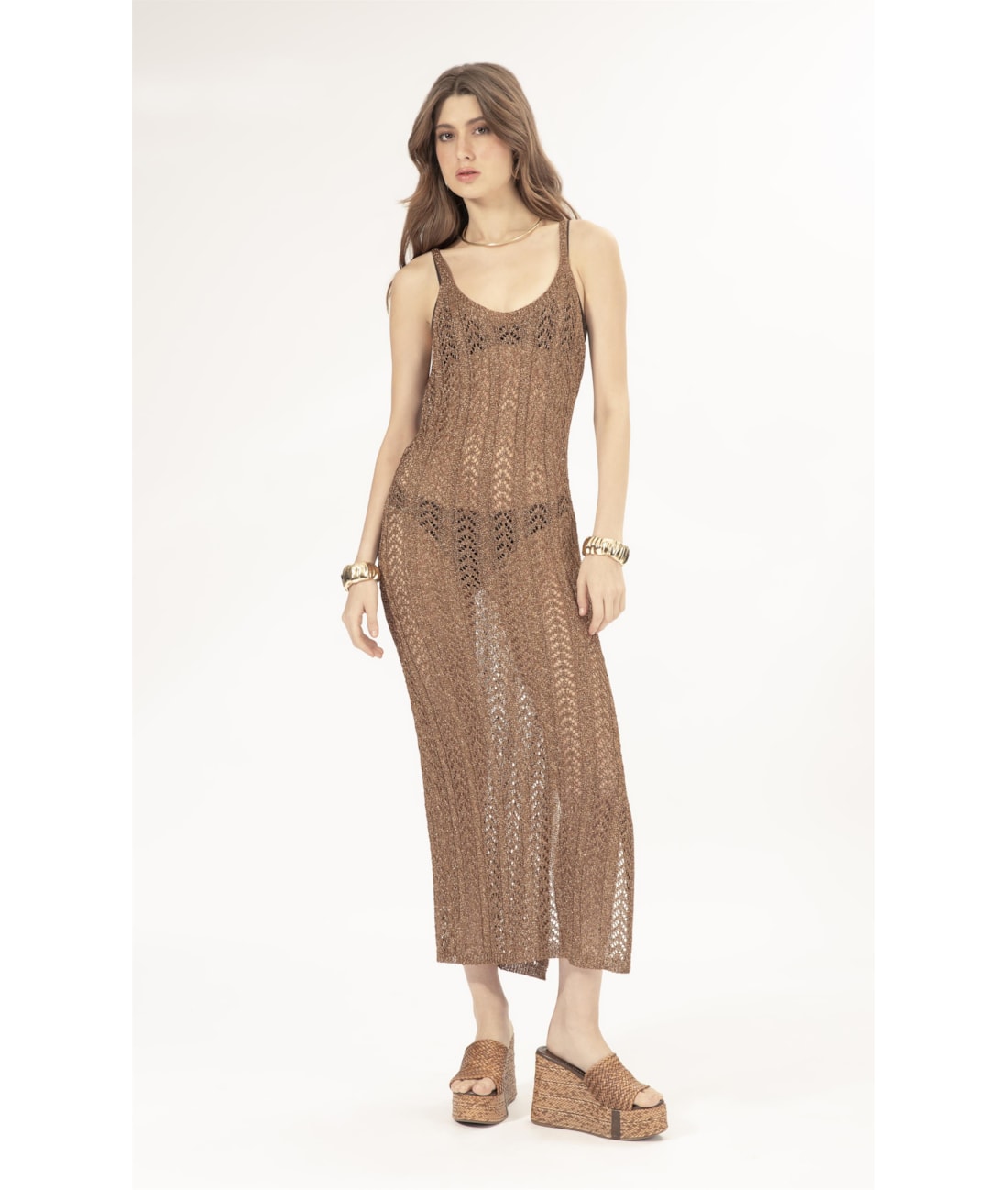 Vestido Longo Tricot Lurex Rendado Caramelo