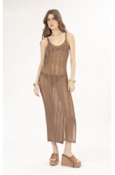 Vestido Longo Tricot Lurex Rendado Caramelo