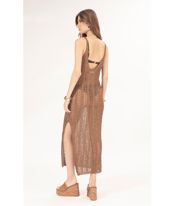 Vestido Longo Tricot Lurex Rendado Caramelo