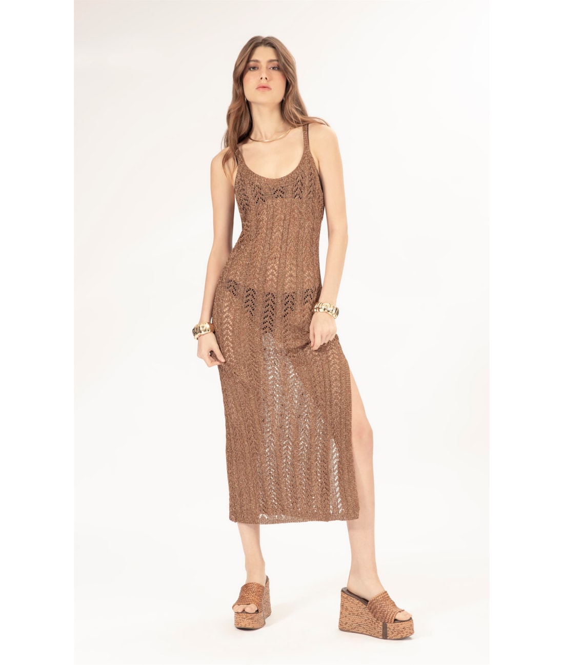 Vestido Longo Tricot Lurex Rendado Caramelo