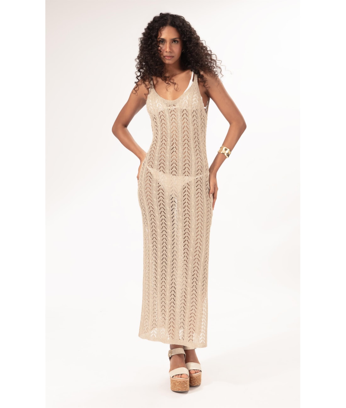 Vestido Longo Tricot Lurex Rendado Dourado
