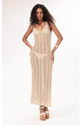Vestido Longo Tricot Lurex Rendado Dourado