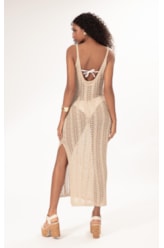 Vestido Longo Tricot Lurex Rendado Dourado