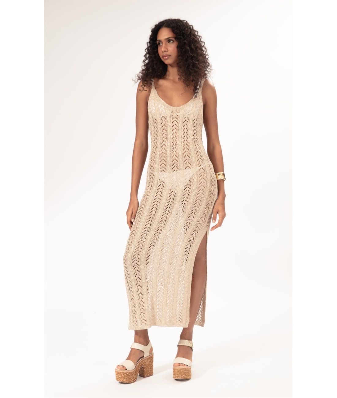 Vestido Longo Tricot Lurex Rendado Dourado