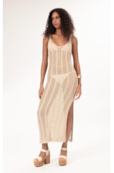 Vestido Longo Tricot Lurex Rendado Dourado