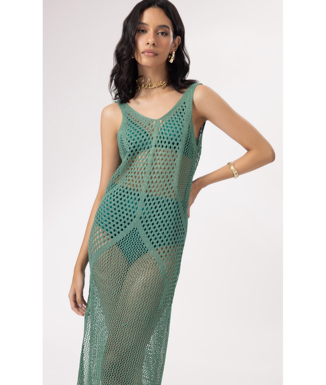 Vestido Longo Tricot Wishes Verde Maçã