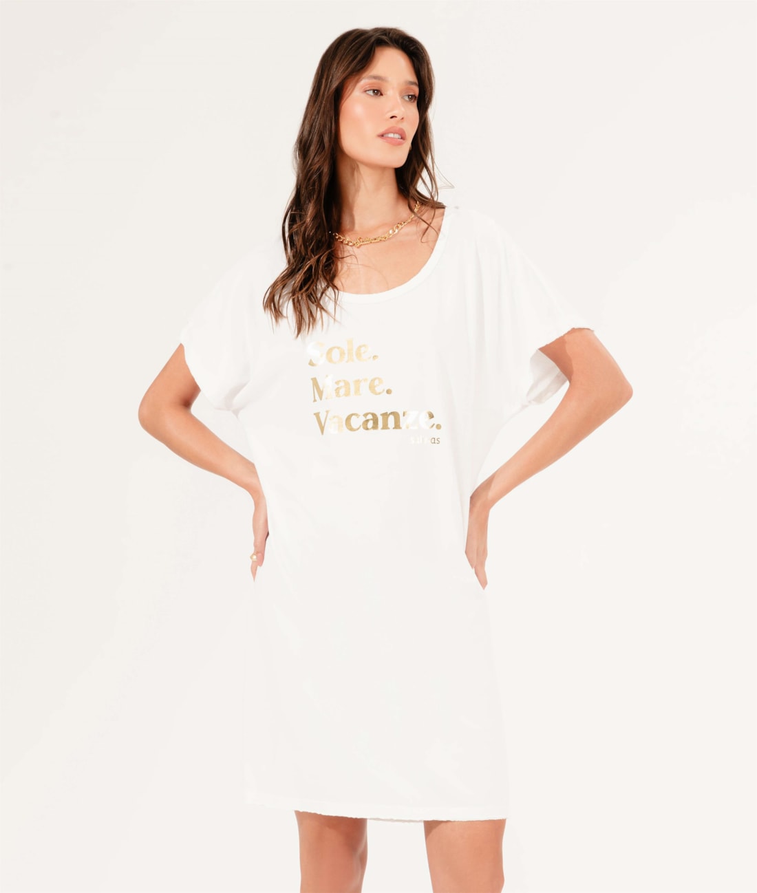 Vestido Manga Curta Sole Mare Off White