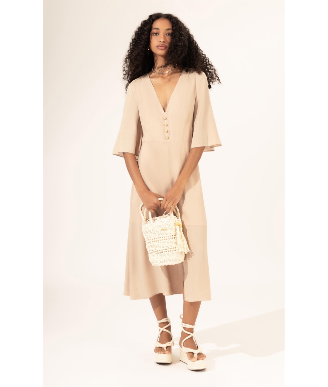Vestido Midi Buttons Cambraia Light Areia
