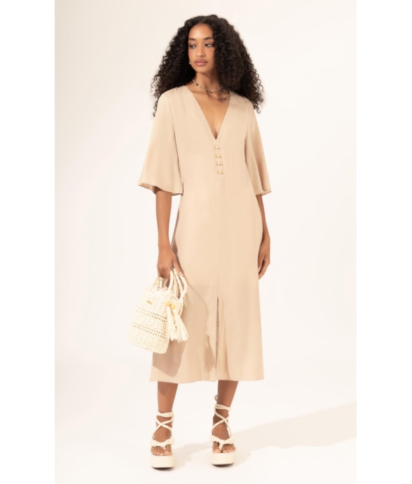 Vestido Midi Buttons Cambraia Light Areia