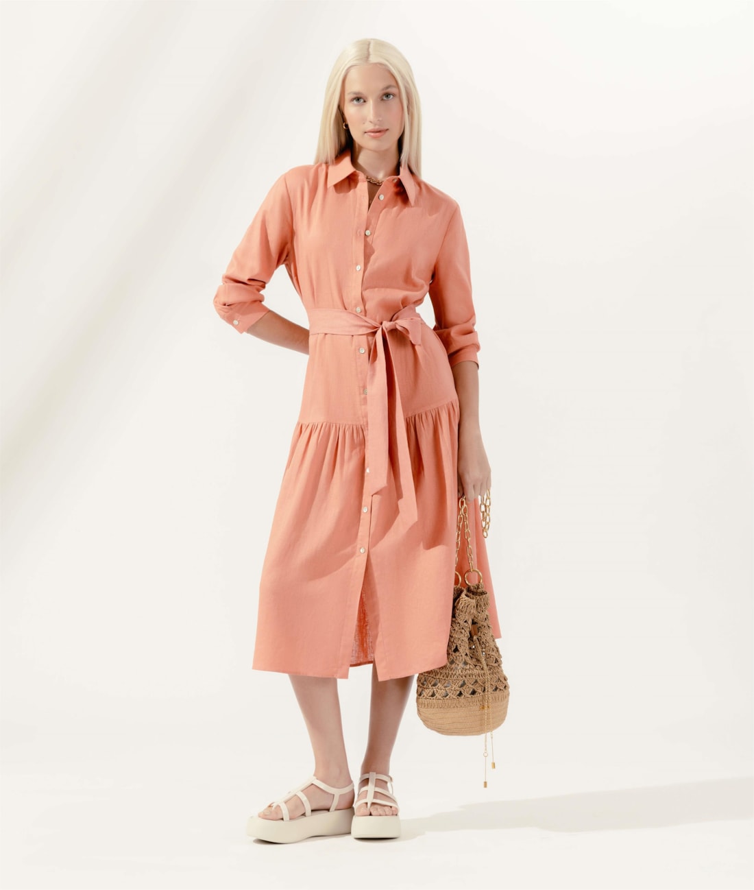 Vestido Midi Corais Cambraia Laranja