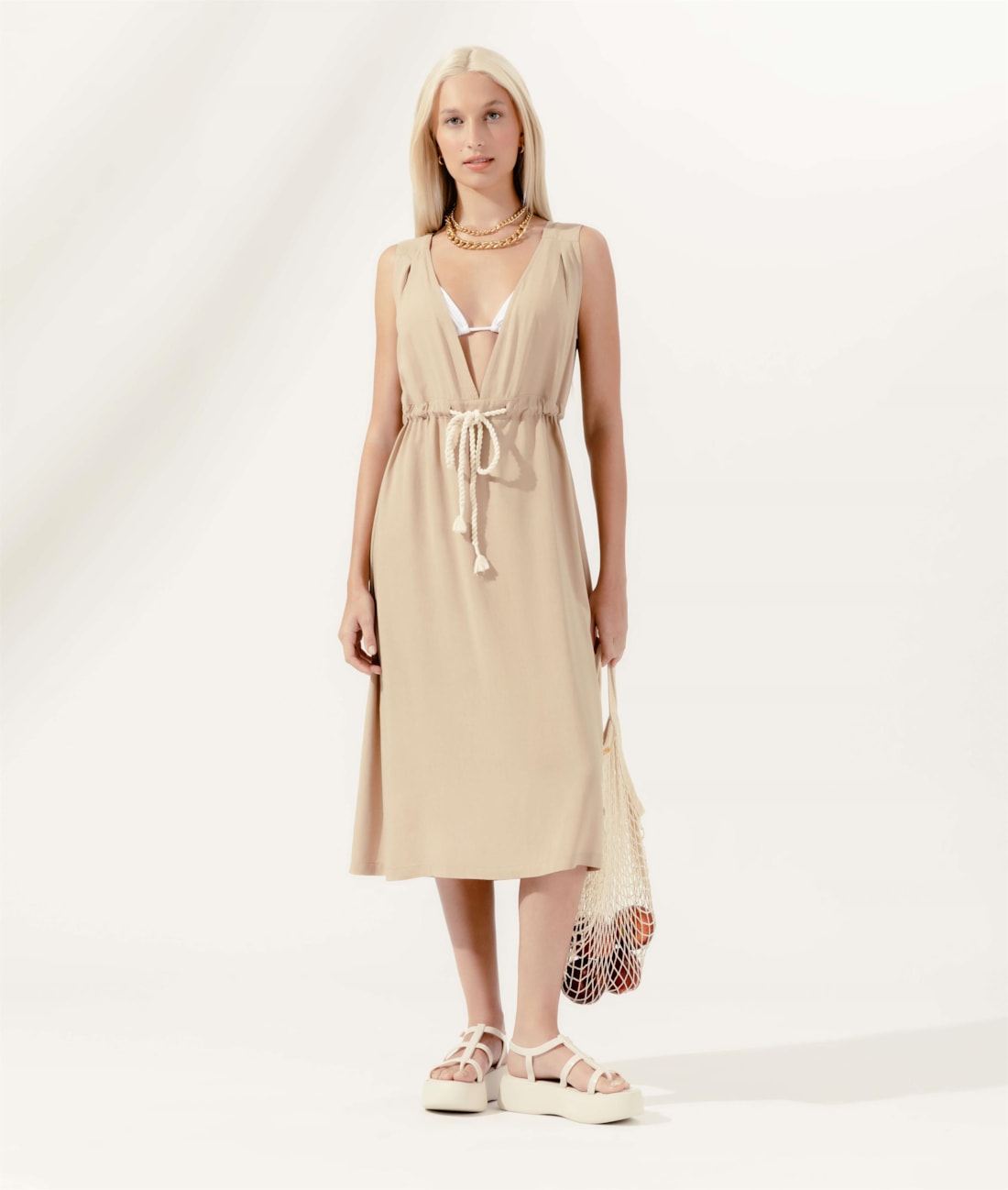 Vestido Midi Cordão Visco Linen Husk