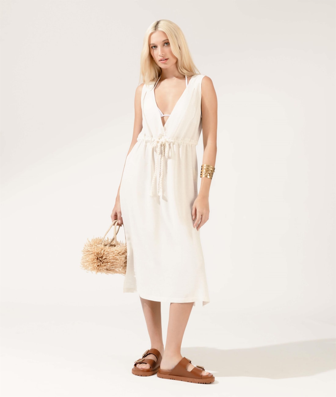 Vestido Midi Cordão Visco Linen Off White