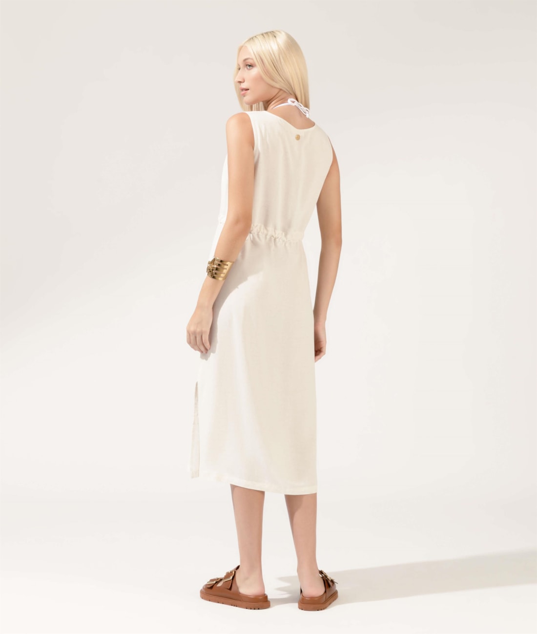 Vestido Midi Cordão Visco Linen Off White