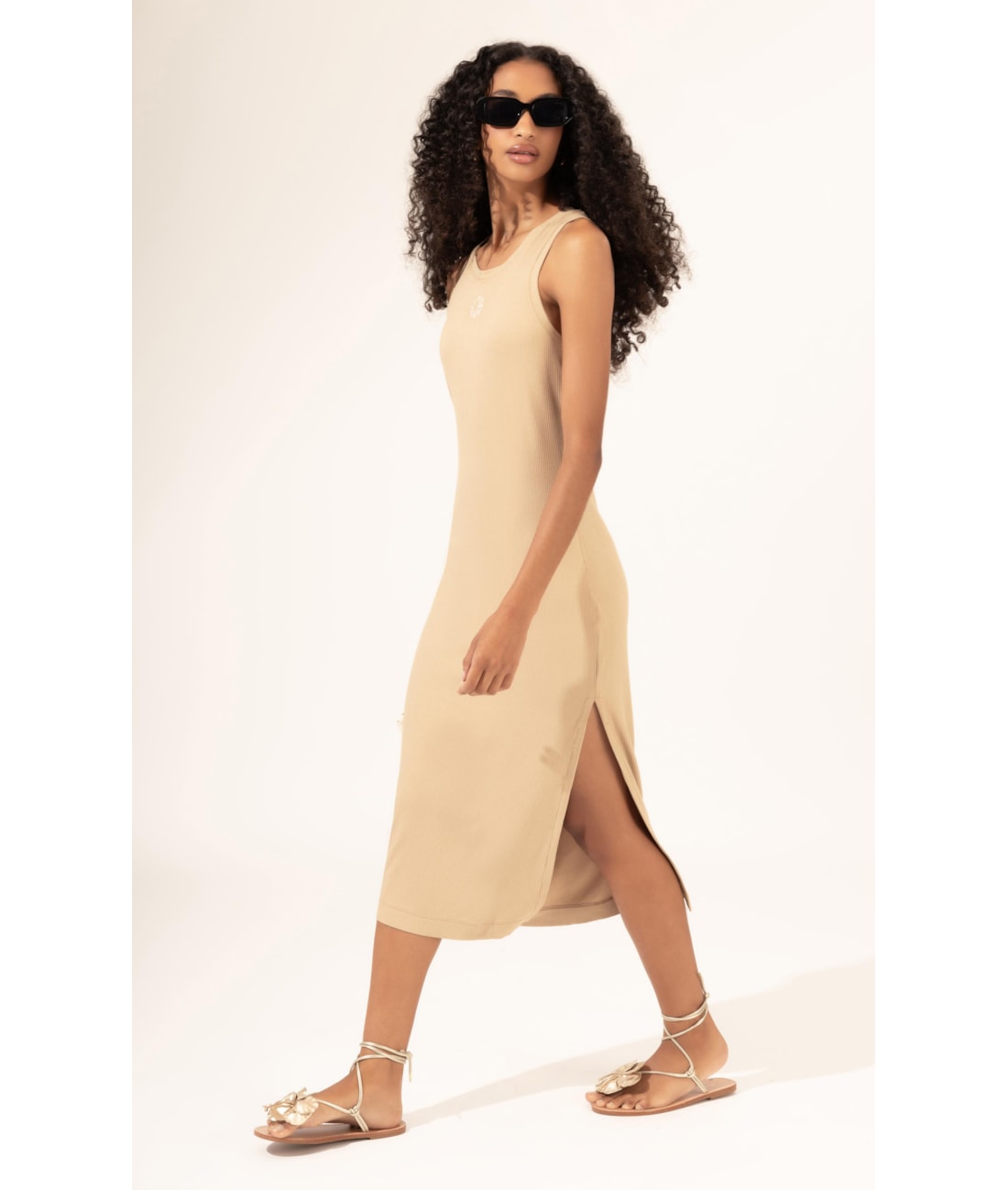Vestido Midi de Rib Sun  Areia