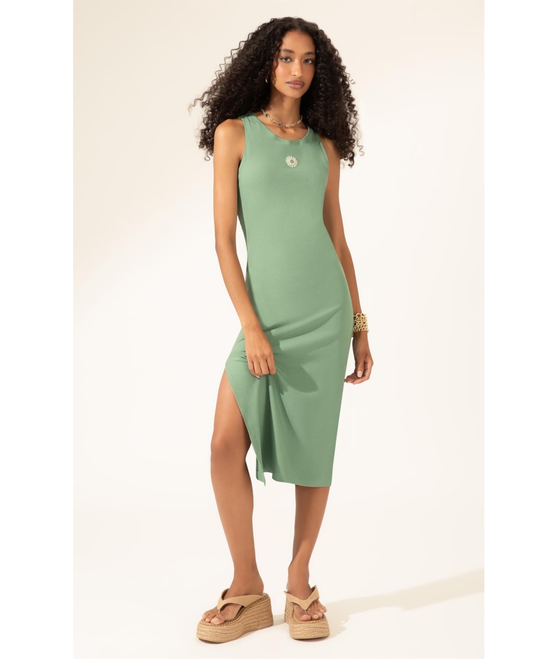 Vestido Midi de Rib Sun Verde Oliva