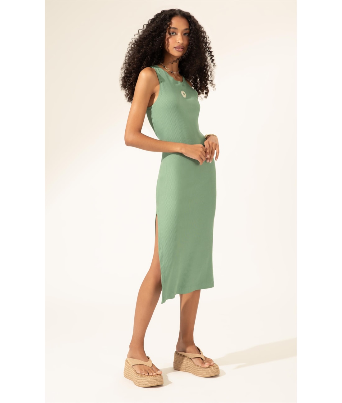 Vestido Midi de Rib Sun Verde Oliva