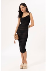 Vestido Midi Degage Tule Liso Preto
