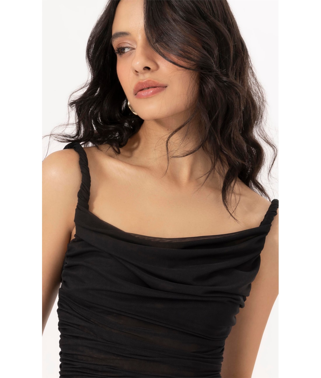 Vestido Midi Degage Tule Liso Preto