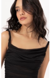 Vestido Midi Degage Tule Liso Preto