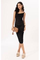 Vestido Midi Degage Tule Liso Preto