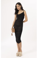Vestido Midi Degage Tule Liso Preto