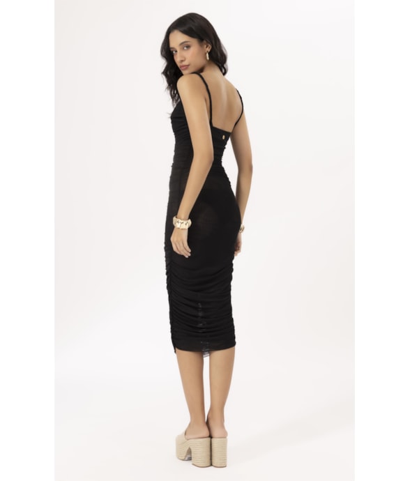 Vestido Midi Degage Tule Liso Preto
