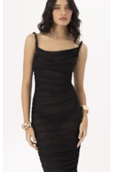 Vestido Midi Degage Tule Liso Preto