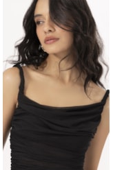 Vestido Midi Degage Tule Liso Preto