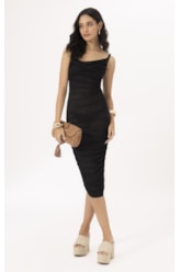 Vestido Midi Degage Tule Liso Preto
