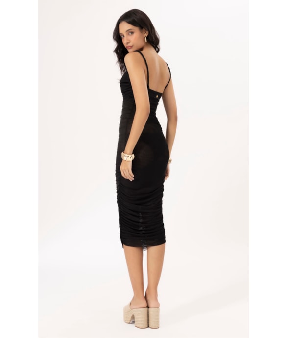 Vestido Midi Degage Tule Liso Preto
