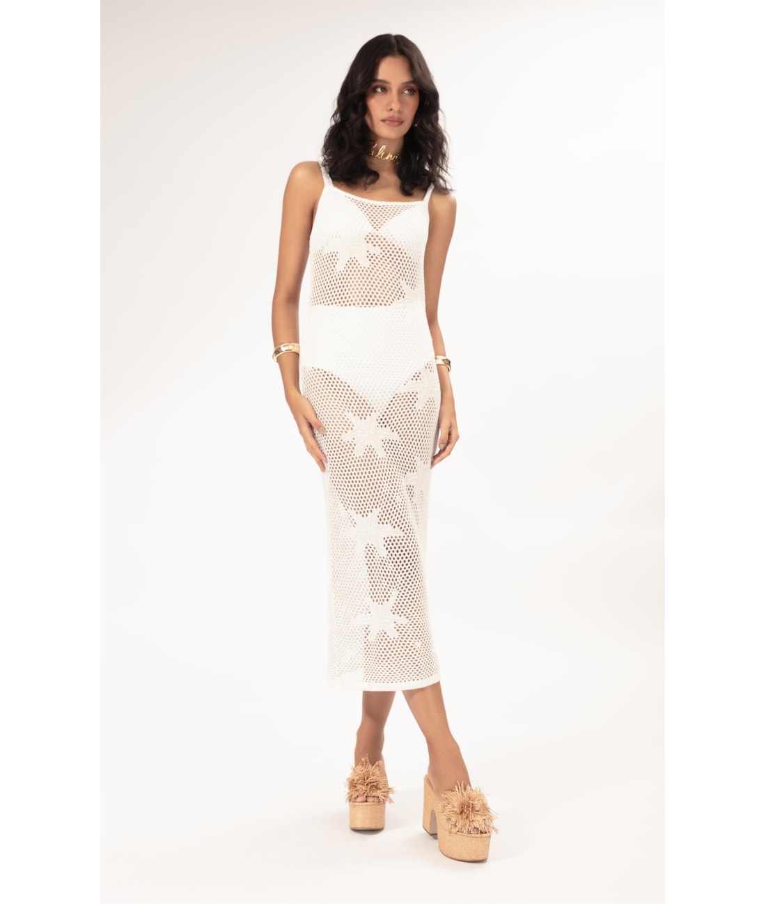 Vestido Midi Jacquard Floral Off White