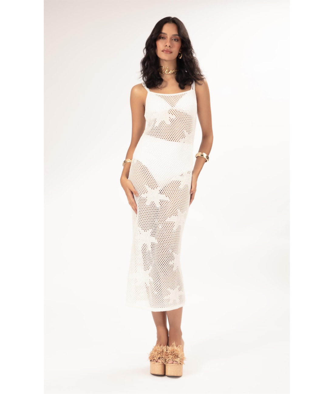 Vestido Midi Jacquard Floral Off White