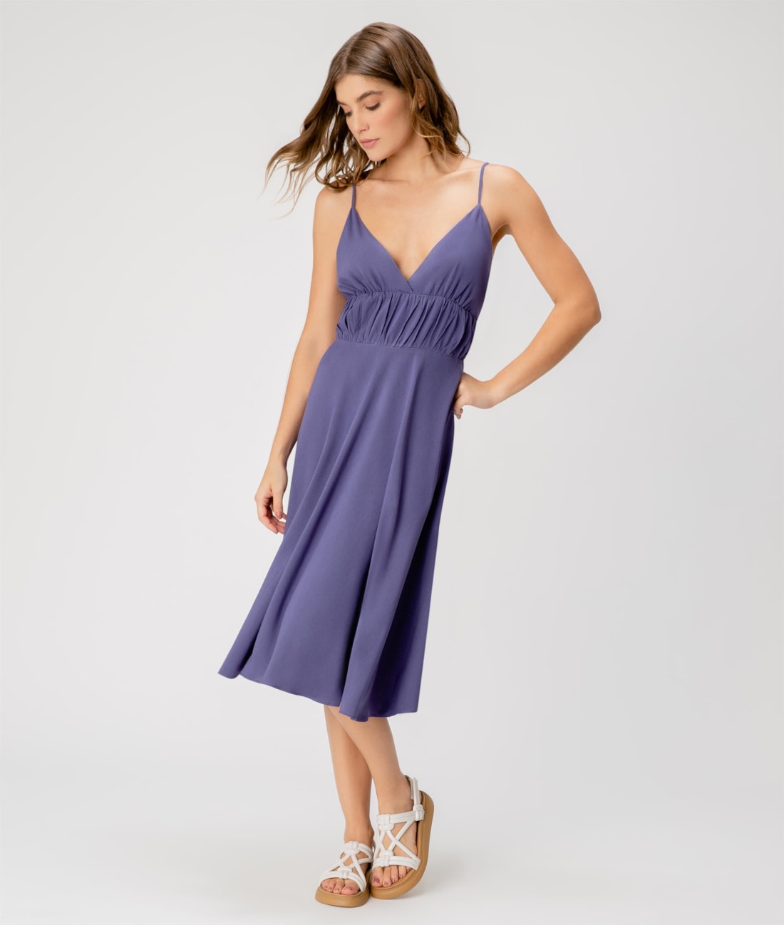 Vestido Midi Linen Blend Azul Bic