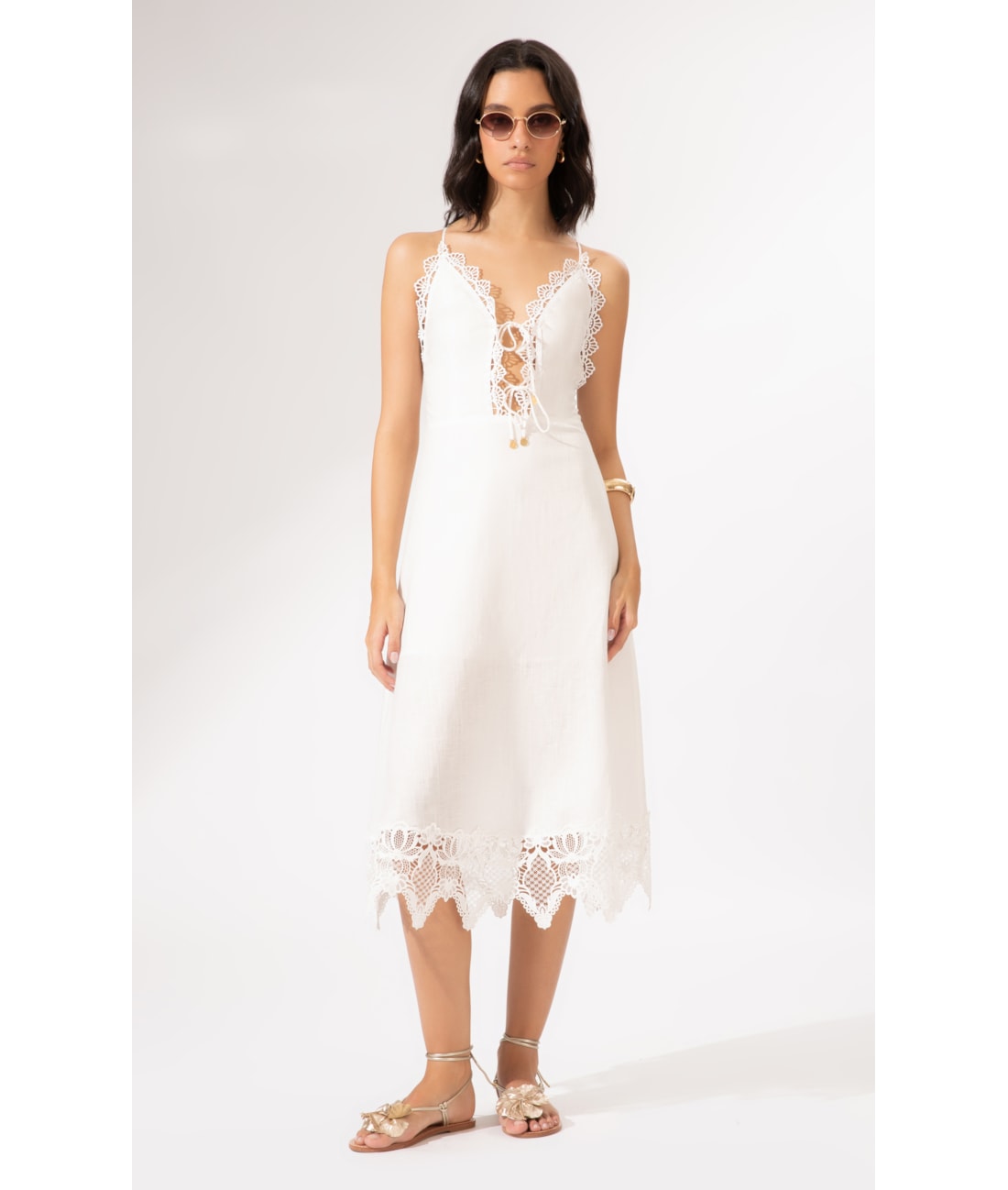 Vestido Midi Linen Guipuire Branco