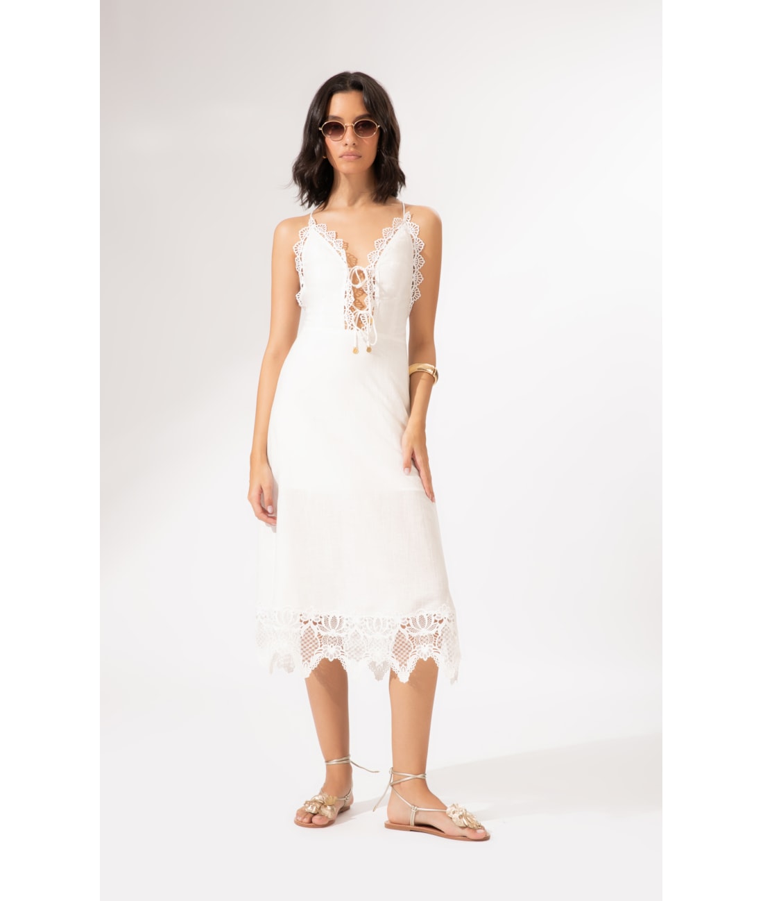 Vestido Midi Linen Guipuire Branco