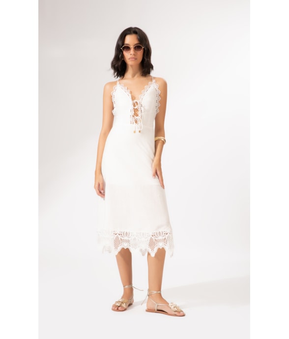 Vestido Midi Linen Guipuire Branco