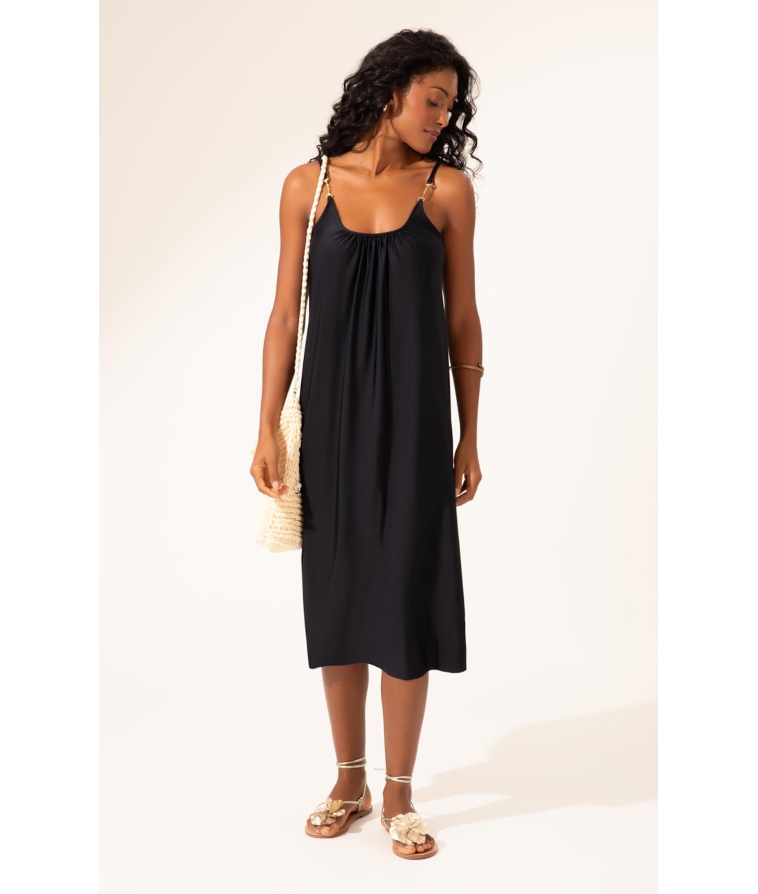 Vestido Midi Liso Califórnia Decote u Preto