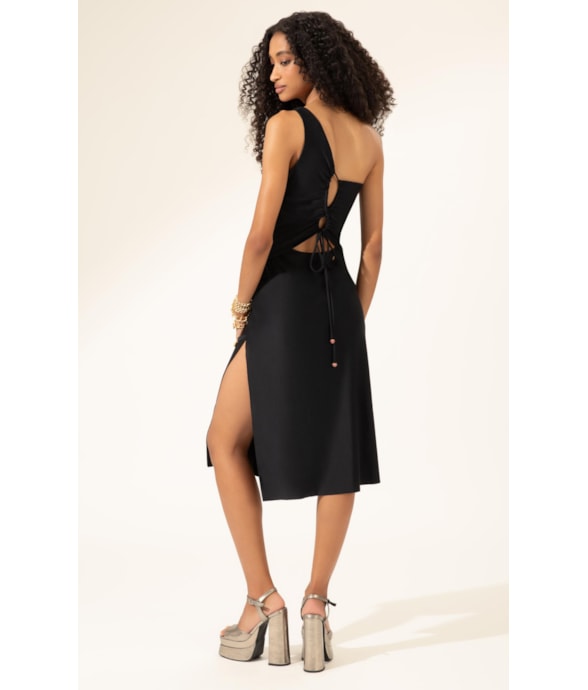 Vestido Midi Liso Califórnia Ombro Só Preto