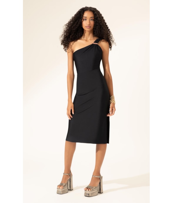 Vestido Midi Liso Califórnia Ombro Só Preto