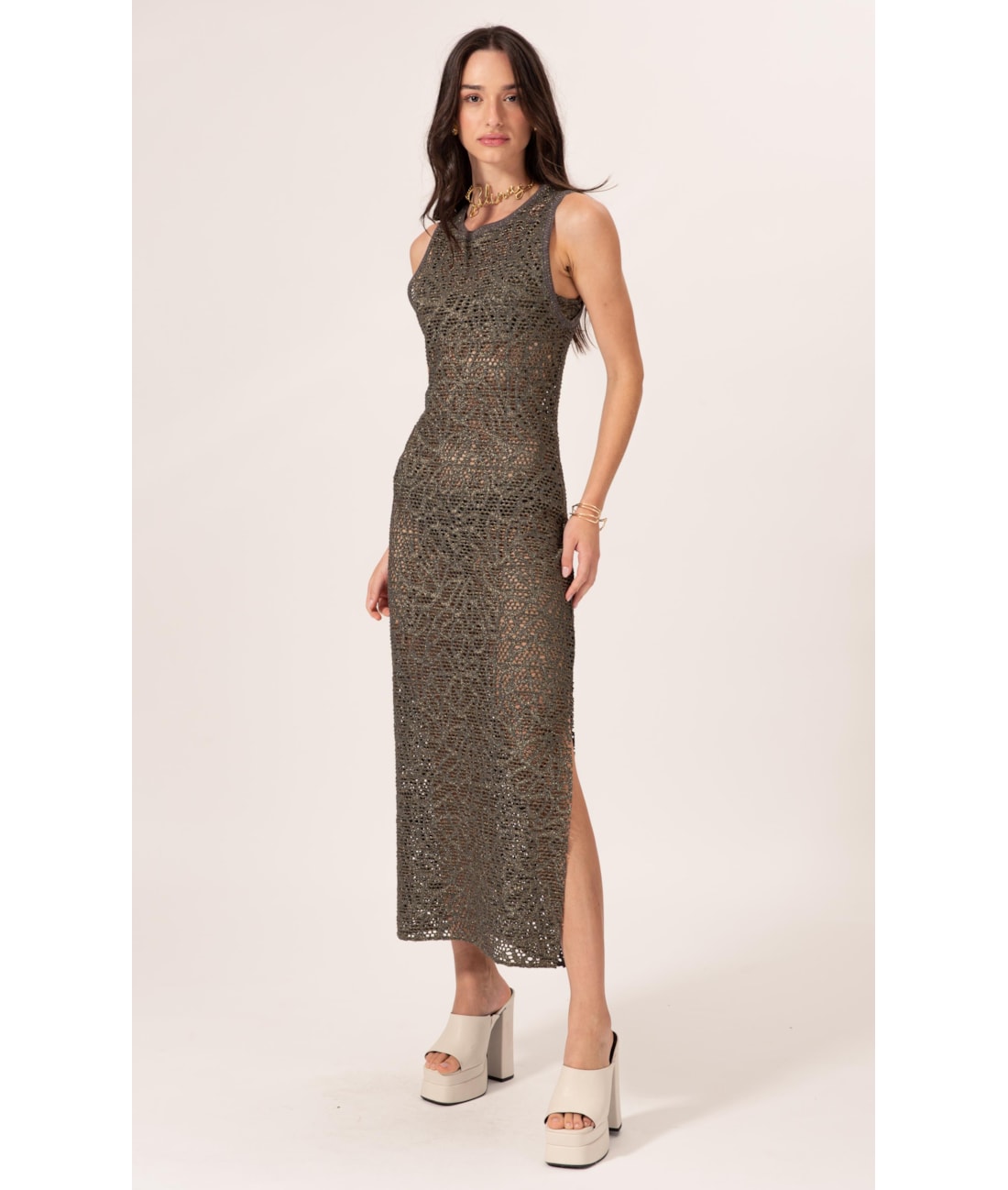 Vestido Midi Rendado Lux Grafite
