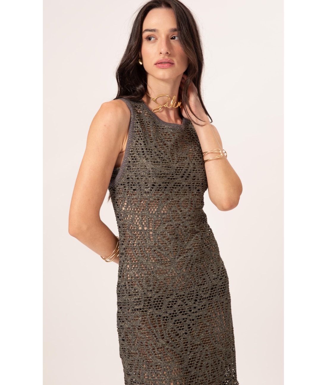 Vestido Midi Rendado Lux Grafite