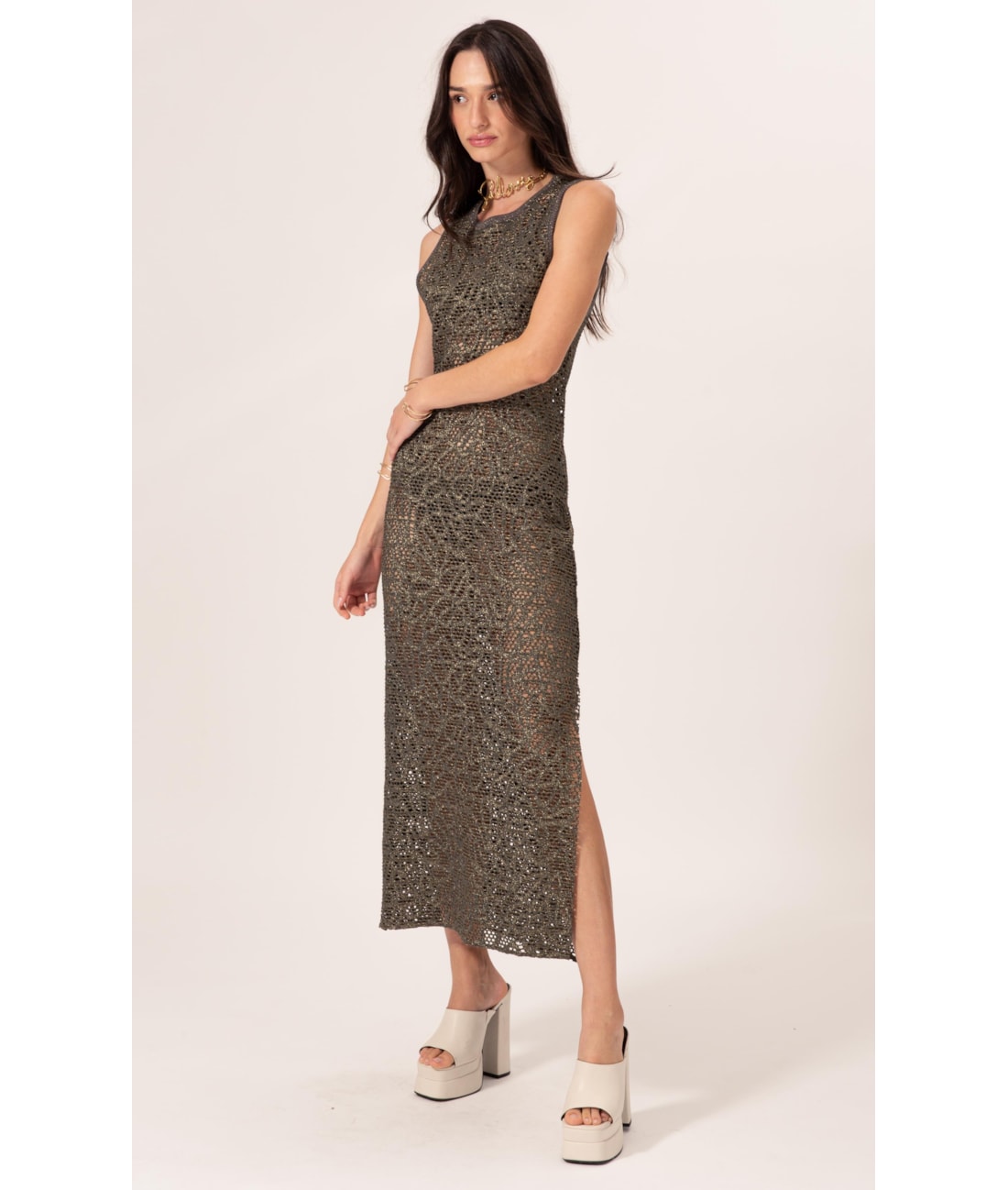 Vestido Midi Rendado Lux Grafite