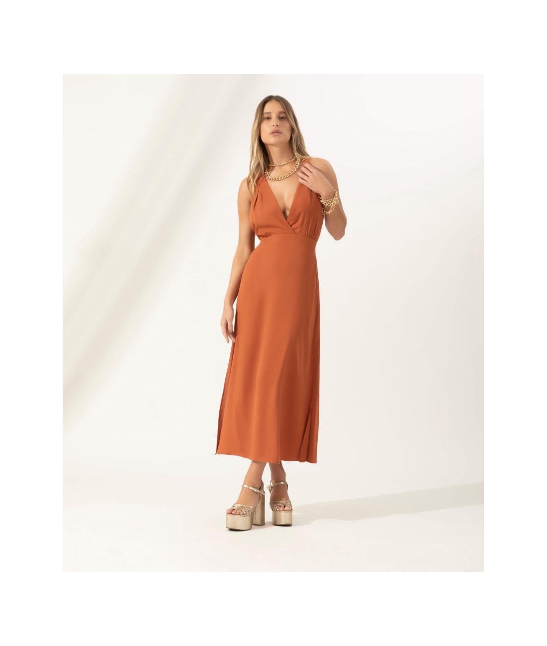 Vestido Midi Slub Texture Bridão Caramelo