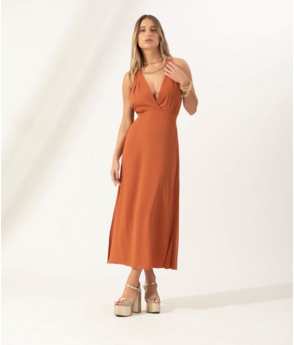 Vestido Midi Slub Texture Bridão Caramelo