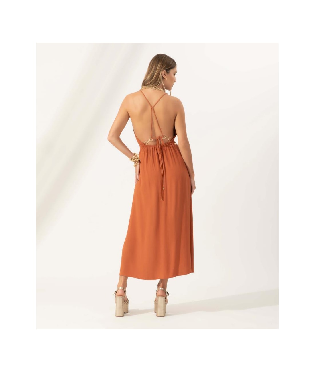 Vestido Midi Slub Texture Bridão Caramelo