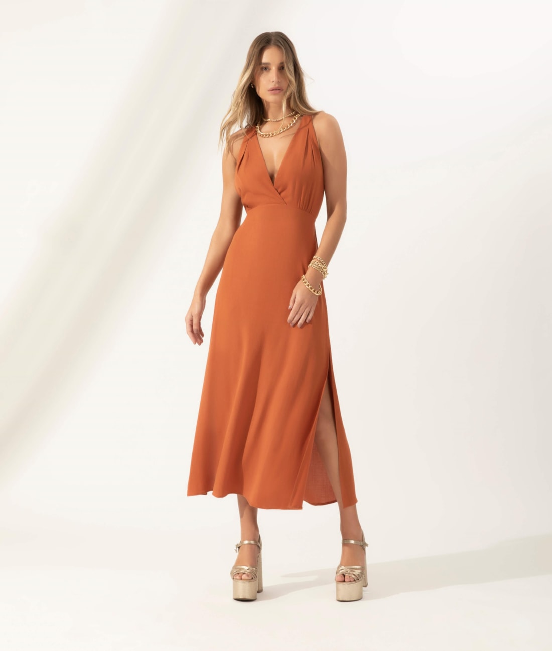Vestido Midi Slub Texture Bridão Caramelo